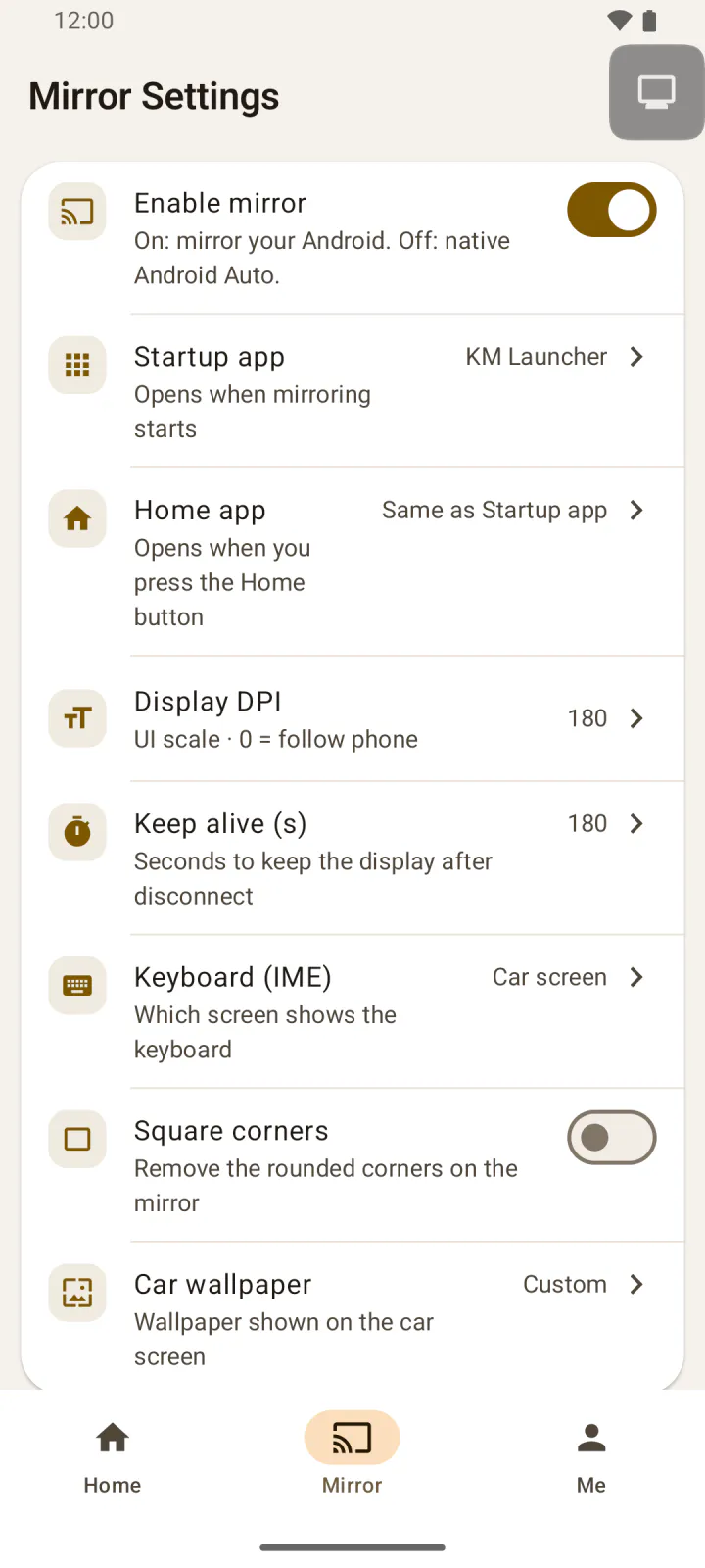 Mirror settings in the app